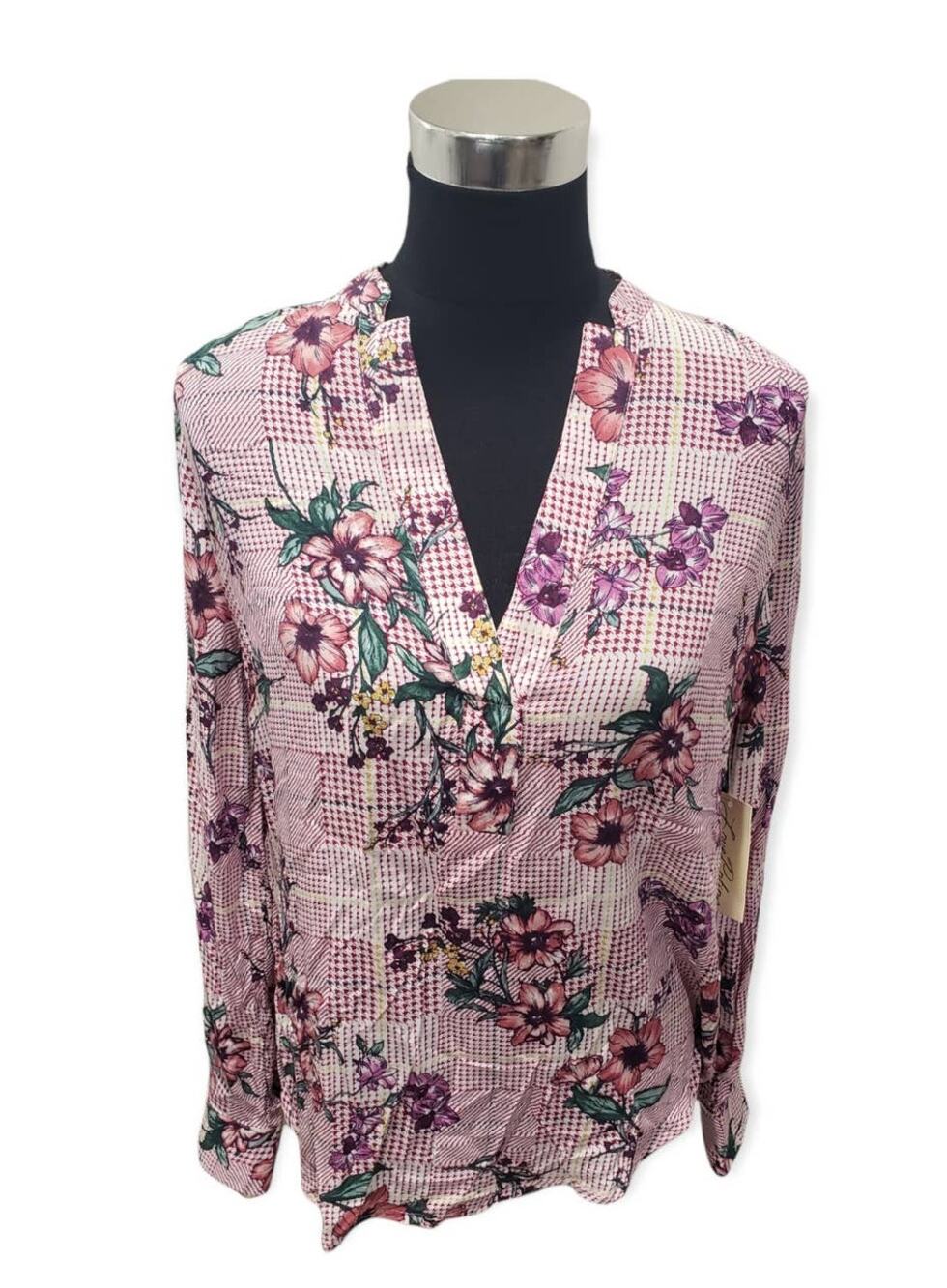 Love Potion Ivory & Plum Floral Design Long Sleeved V Neck Light Weight Blouse
